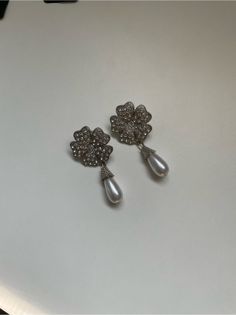 Crystal Flower Drop Earrings with Pearl Teardrops - Silver Tone